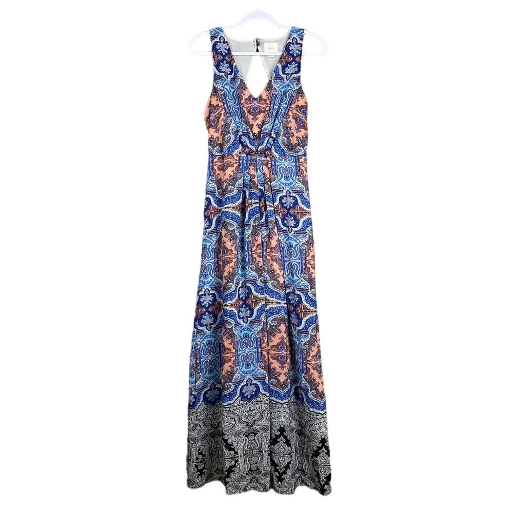 Maeve Medallion Silk Maxi Dress Sleeveless V-Neck Cutout Back SZ 8